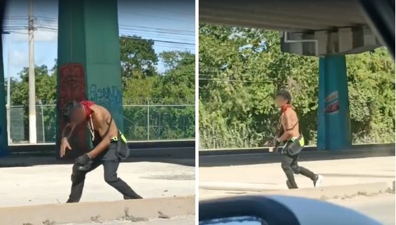 En el video, se observa al hombre realizando un peculiar baile, con movimientos descoordinados y una mirada desconectada de la realidad.