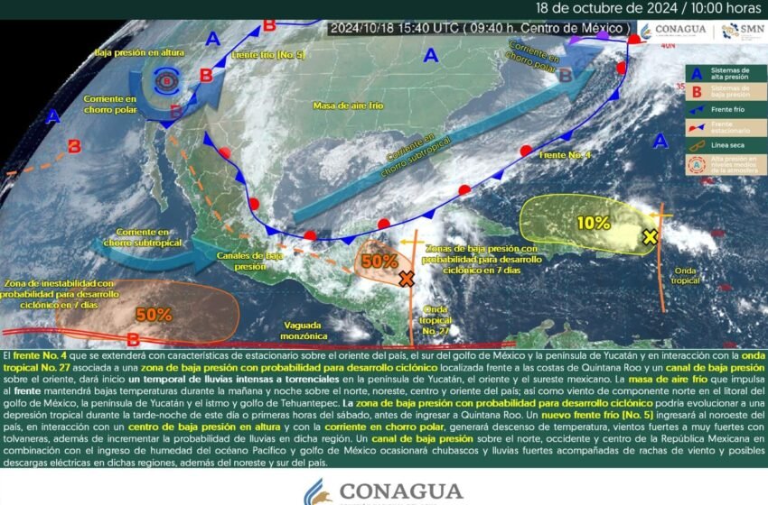 El Frente Frío No. 4 se estacionará sobre el oriente del país, el sur del Golfo de México y la Península de Yucatán, interactuando con la Onda Tropical No. 27