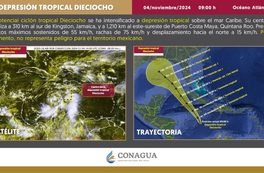 El Potencial Ciclón Tropical 18 ha evolucionado y se ha intensificado a Depresión Tropical en el Mar Caribe.