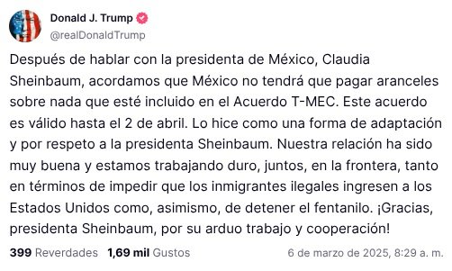  Trump anuncia que productos de México en el TMEC no pagarán aranceles hasta el 2 de abril